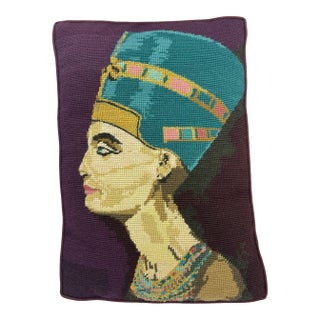 Vintage Nefertiti Eyptian Needlepoint Pillow For Sale