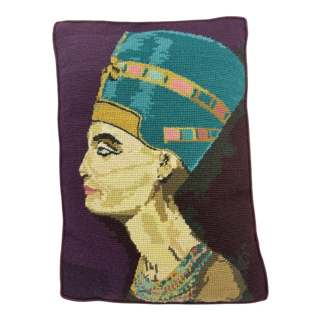 Vintage Nefertiti Eyptian Needlepoint Pillow For Sale