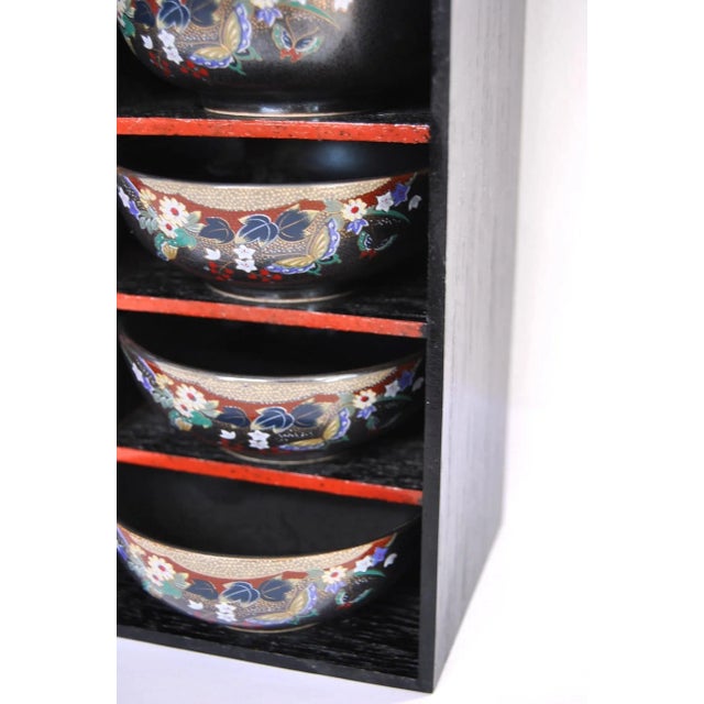 Kagoshima Black Satsuma Condiment Bowls With Wood Cabinet Display - 10 Piece Set For Sale - Image 9 of 11