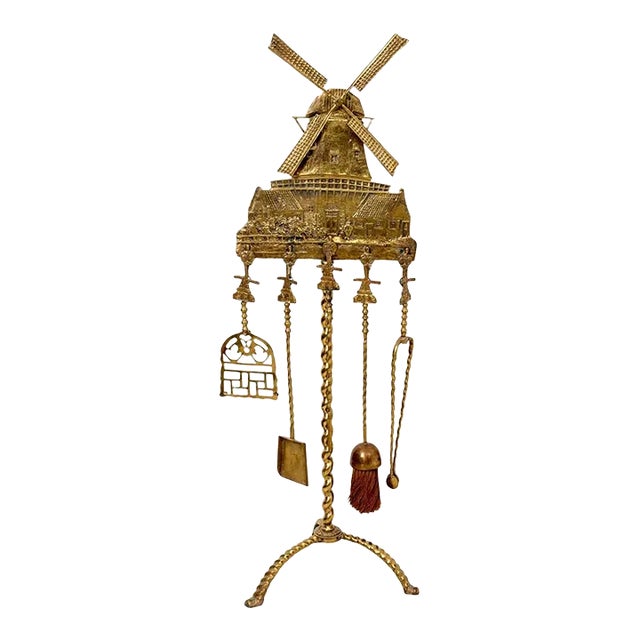 Brass Windmill Fireplace Tool Set | Chairish