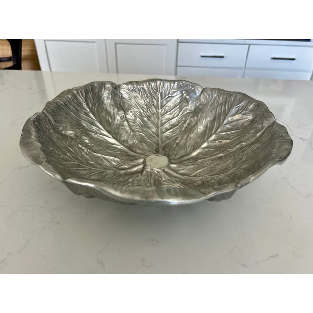 Rustic Vintage Pewter Cabbage Leaf Serving Bowl Majolica Style by Bruce Fox for Wilton For Sale - Image 3 of 11