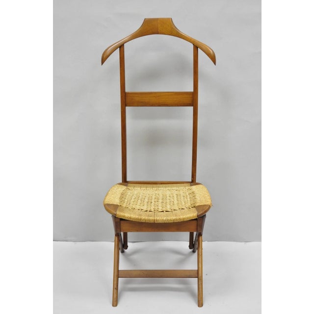 Vintage Mid Century Italian Modern Beech Wood Folding Clothing Valet Chair Seat with Woven Rush Seat with Lift Up Hidden...