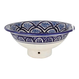 Moroccan Bowl Morocco Ceramic Blue White Raised Bowl Hand Painted Signed Moroccan 10in For Sale