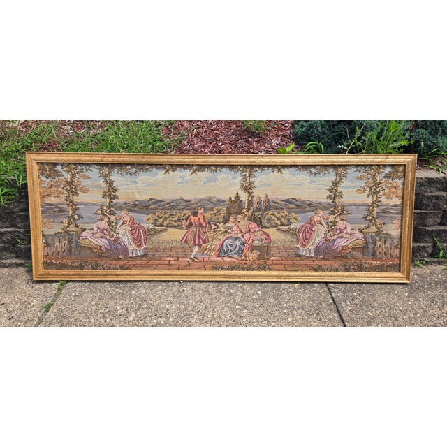 Large Vintage Framed European Hand Crafted Rococo-Style Needlepoint Tapestry Wall Hanging – Romantic Garden Scene For Sale - Image 4 of 18