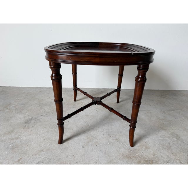 Brown Vintage Henredon / Hekman - Style Faux Bamboo Carved Wood Oval Tray-Top Side Table For Sale - Image 8 of 12