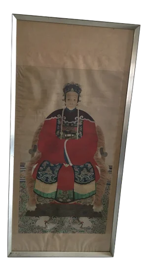 Early 20th Century Antique Chinese Ancestral Watercolor Portrait on Paper Painting