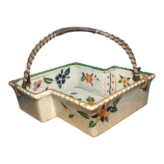 Vintage Hand Painted Floral Design 8 Sided Handled Basket For Sale