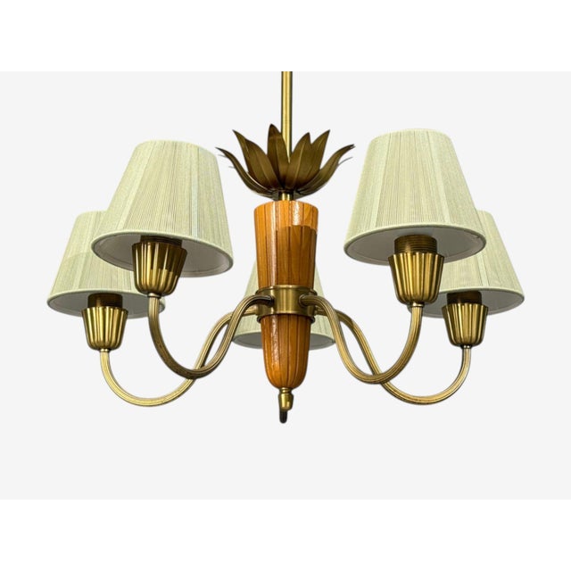 Wood Asea, Swedish Modern, Chandelier, Brass, Elm, Fabric, Sweden, 1947 For Sale - Image 7 of 14