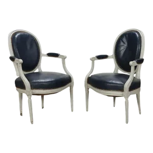 Antique Petite Louis XVI Style Navy Leather Chairs