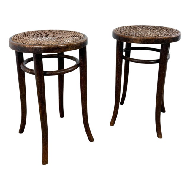 Antique Bentwood Stools with Cane Seats by Michael Thonet, 1890s, Set of 2 For Sale
