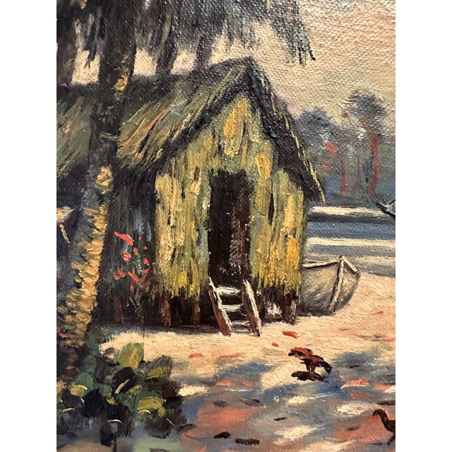 Tan Vintage Mid-Century Signed Coastal Oil Painting With Palm Trees & Chickens For Sale - Image 8 of 15