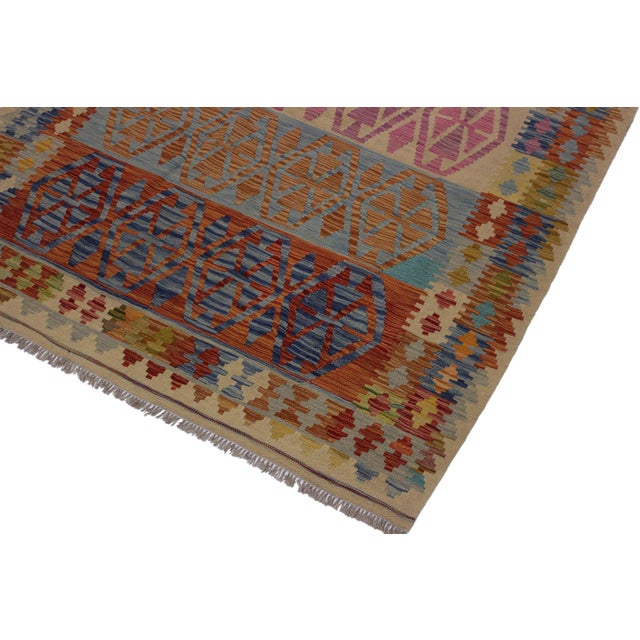 Abstract 1990s Abstract Kilim Beige Blue Wool Rug - 5'1" X 6'6" For Sale - Image 3 of 7
