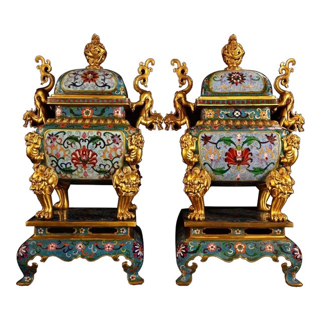 Late 20th Century Pair of Gilt Bronze Cloisonné Enamel Incense Burners With Stands For Sale