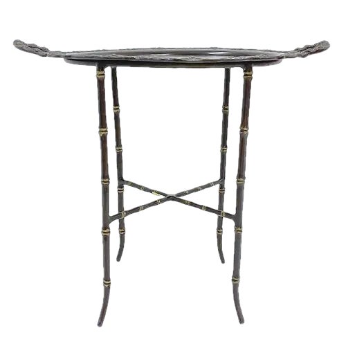 Vintage Maitland Smith bronze bamboo and vine bronze tray side table with removable tray top and handles. Vine motif in...