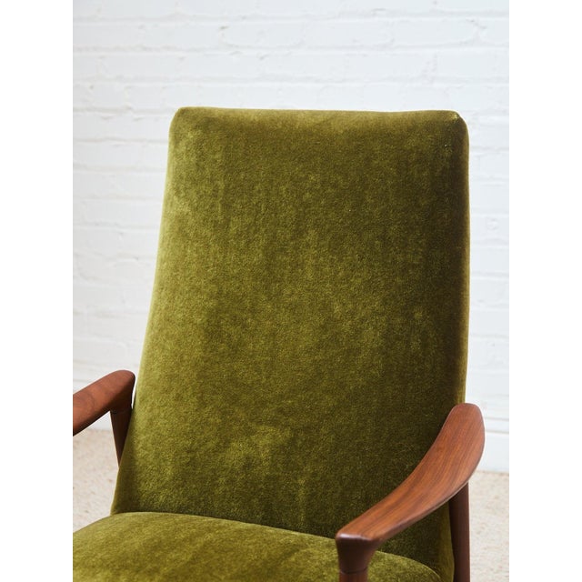Mid-Century Modern Mid 20th Century Styled After Solid Teak Westnofa Norway Olive Green Mohair Lounge Chair For Sale - Image 3 of 9