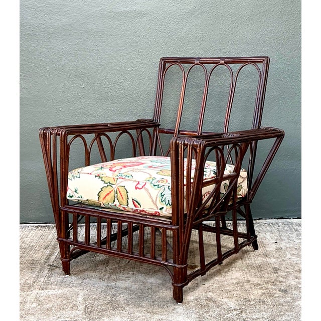 Schumacher Vintage Stick Rattan Lounge Chair in Vintage Schumacher Paisley For Sale - Image 4 of 12
