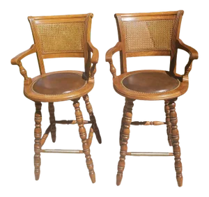 1970s Vintage Full Grain Leather and Caning Swivel Oak Bar Stools - a Pair