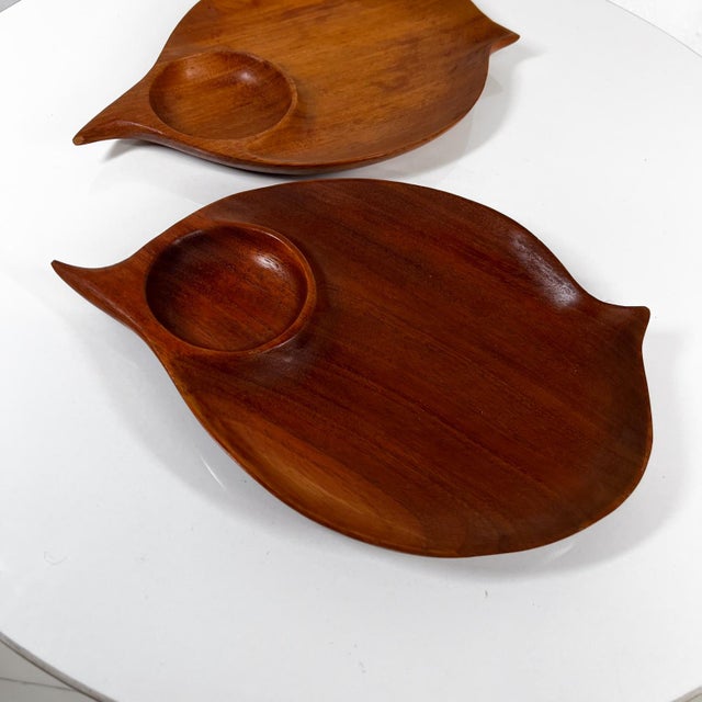 AMBIANIC presents 1960s Sculptural Teak Wood Two Leaf Shaped Sectioned Plates 11.63 d x 7.88 w x 1 h Original vintage...