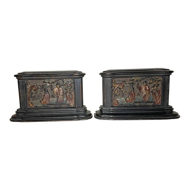 Pair of Antique Chinese Asian Hand Carved Wood Figural Scene Bookends Sculpture For Sale