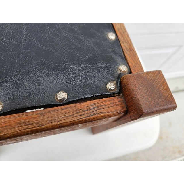 Square Mission Arts and Crafts Black Leather and Oak Footstool For Sale - Image 9 of 17