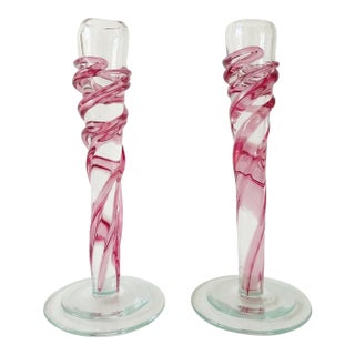 1980s Postmodern Murano Glass Candle Holders – Purple Swirl With Teal Base, Set of 2 For Sale
