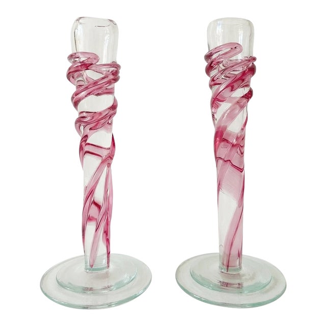 1980s Postmodern Murano Glass Candle Holders – Purple Swirl With Teal Base, Set of 2 For Sale