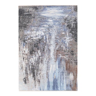 Modern Indian Handmade Abstract Blue Wool and Silk Rug For Sale