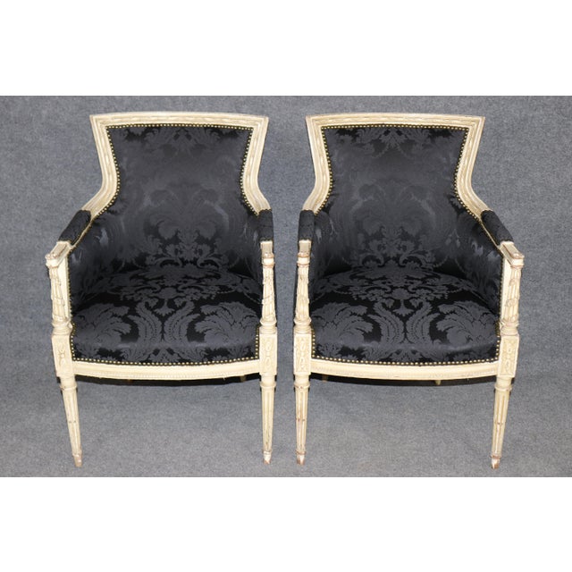 French Pair Attributed Maison Jansen French Louis XVI Style Distressed Painted Bergeres For Sale - Image 3 of 13