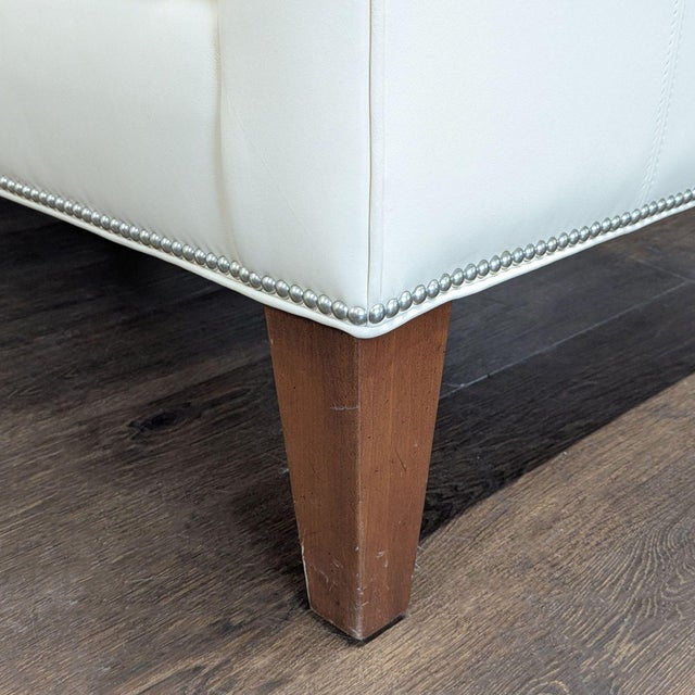 Animal Skin Ethan Allen Cream Leather Loveseat With Wood Legs For Sale - Image 7 of 8