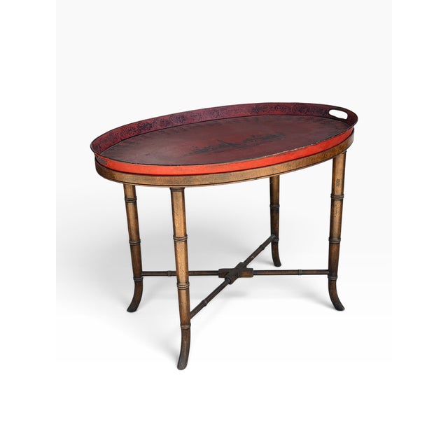 Traditional Antique Red Tole Tray Side Table on Mahogany Fan Bamboo Stand For Sale - Image 3 of 7