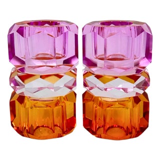 Danish Faceted Crystal Candle Holder Orange & Pink Pair For Sale