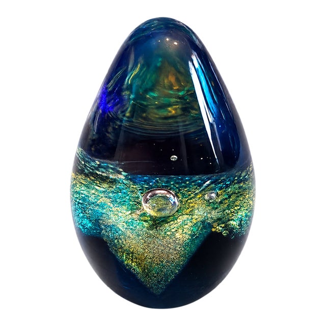Dichroic Glass Eye Studio Paperweight – Blue Aqua Gold Sculpture Signed 1999 For Sale