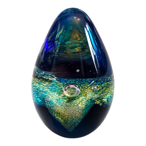 Dichroic Glass Eye Studio Paperweight – Blue Aqua Gold Sculpture Signed 1999