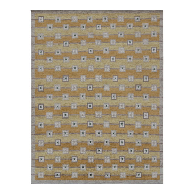 Rug & Kilim’s Scandinavian Style Custom Rug in Gold, Beige-Brown Geometric Patterns - 14x20 For Sale