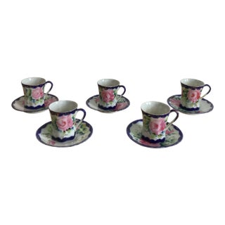 Antique Hand Painted Porcelain Nippon Chocolates Cups & Saucers - Set of 5 For Sale