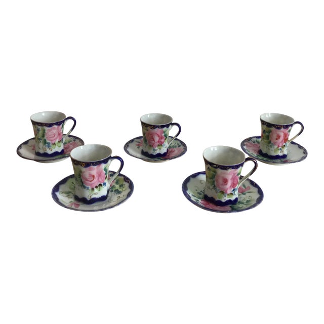 Antique Hand Painted Porcelain Nippon Chocolates Cups & Saucers - Set of 5 For Sale