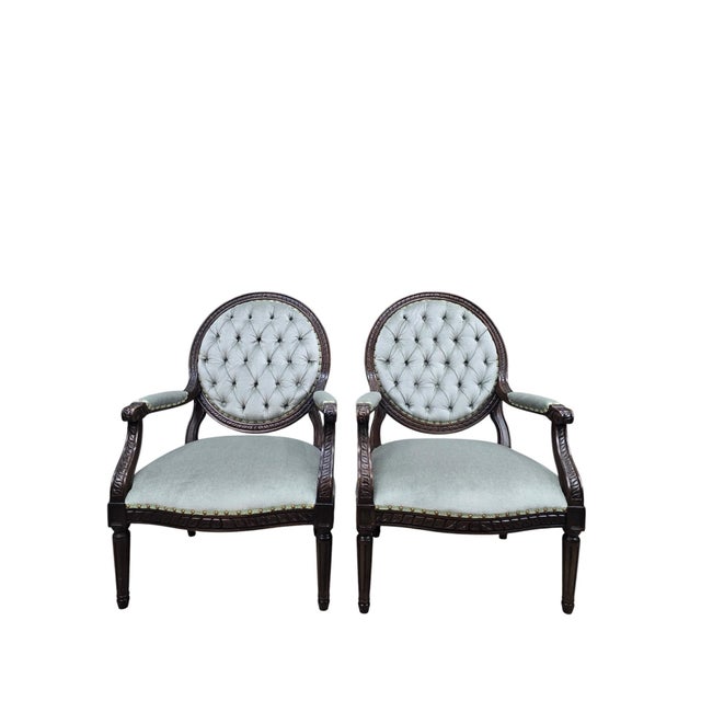 Celadon Vintage Louis XVI Style Medallion Back Armchairs Newly Reupholstered - Pair For Sale - Image 8 of 12