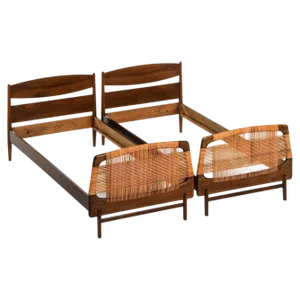 Set of Bed Frames in Walnut and Cane, 1950s