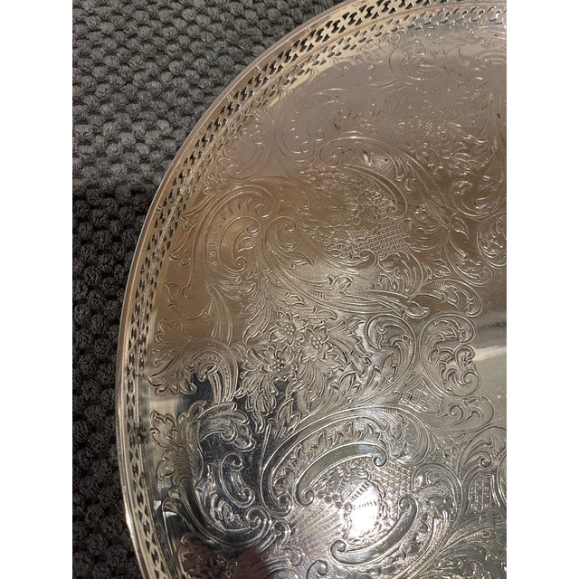 English Vintage Silverplate English Round Tray With Pierced Galley Around the Tray For Sale - Image 3 of 6