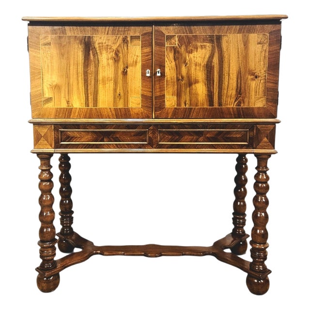 19th Century Baroque Walnut Cabinet with Inlays and Turned Legs For Sale