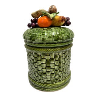 Midcentury Basketweave Fruit Pattern Ceramic Cookie Jar For Sale
