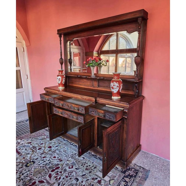 English Sideboard with Large Mirror Hand Carved For Sale - Image 3 of 15