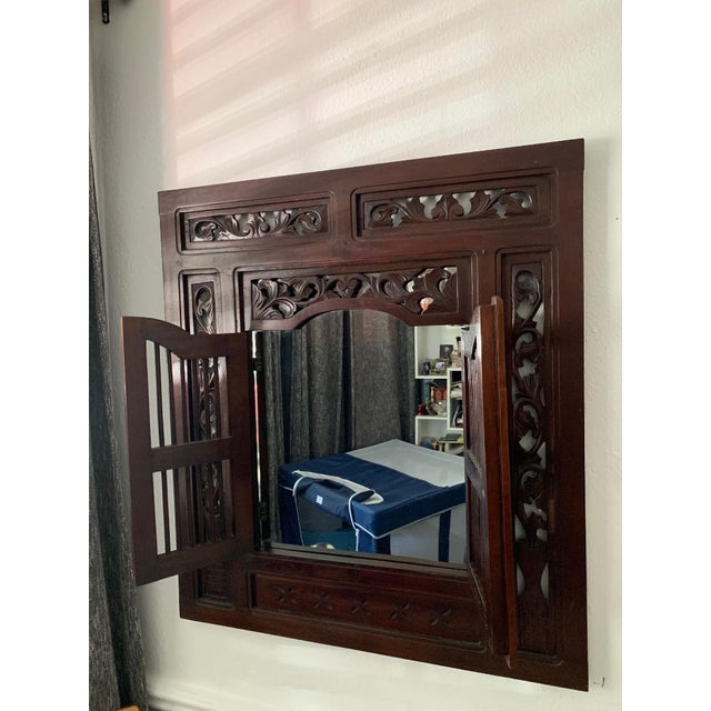 Early 1900s Anglo-Indian Style Wall Mirror Concealed Behind Hand-Carved Teak Double Door Shutters For Sale - Image 10 of 12