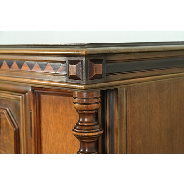 Berkey & Gay Antique English Jacobean Carved Walnut and Burl Wood Bookcase or Bar Cabinet, Circa 1920s For Sale - Image 9 of 16