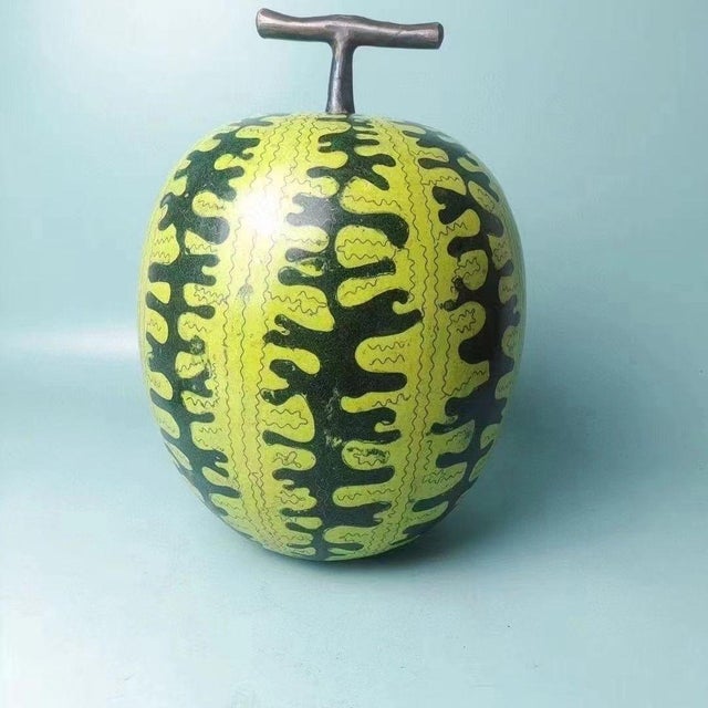 This is a substantial vintage cloisonné enamel watermelon sculpture, described by the maker as old stock from the "export...