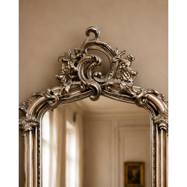 Late 20c Rococo Silver Wood Floor Mirrors by Artisans - Pair- 2 Pc For Sale - Image 17 of 18