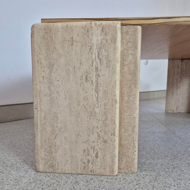 Beige Mid-Century Coffee Table in Travertine and Olive Wood Veneer, 1970s For Sale - Image 8 of 12