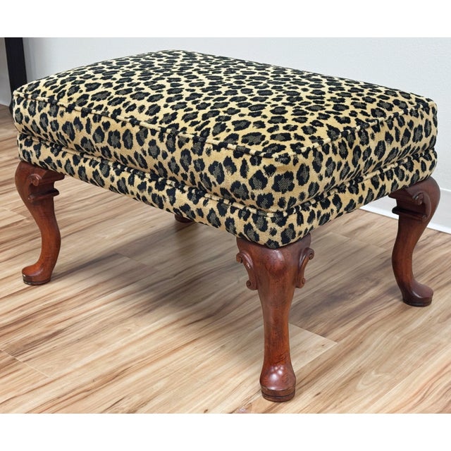 Wood Vintage Curved Wood Leg Upholstered Leopard Print Ottoman For Sale - Image 7 of 10