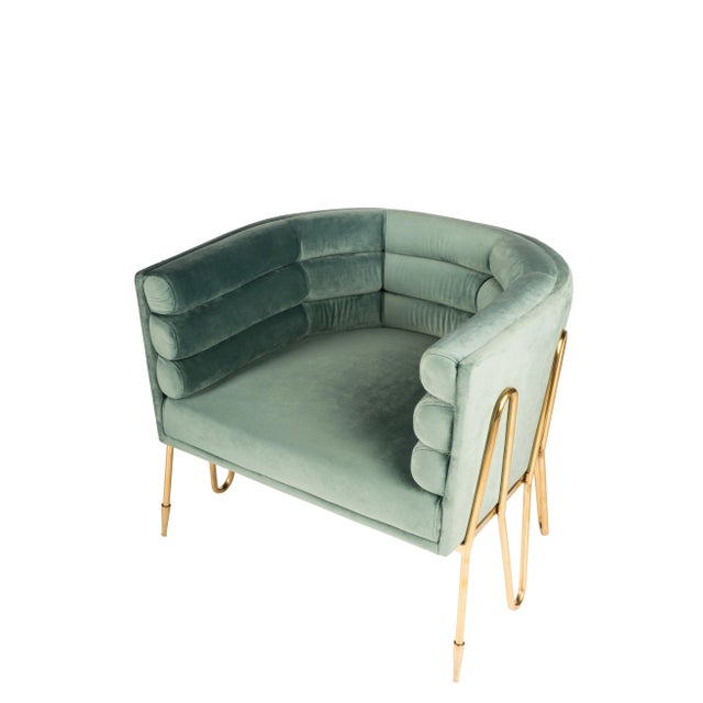 Contemporary Showroom Sample Alexa Gold Barrel Chair in Green and Gold For Sale - Image 3 of 7