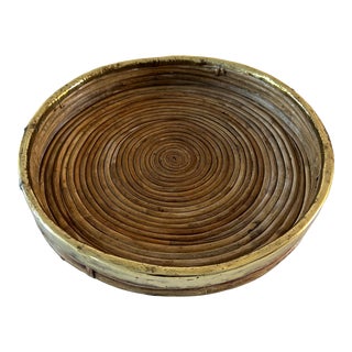 Crespi Style Pencil Reed Rattan and Brass Round Serving Tray For Sale